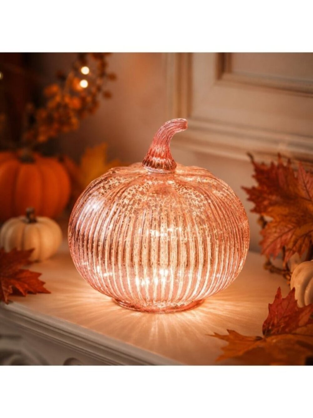 5.5"(14cm) Mercury Glass Light up Pumpkin Timer Rose Gold Battery Operated Decor